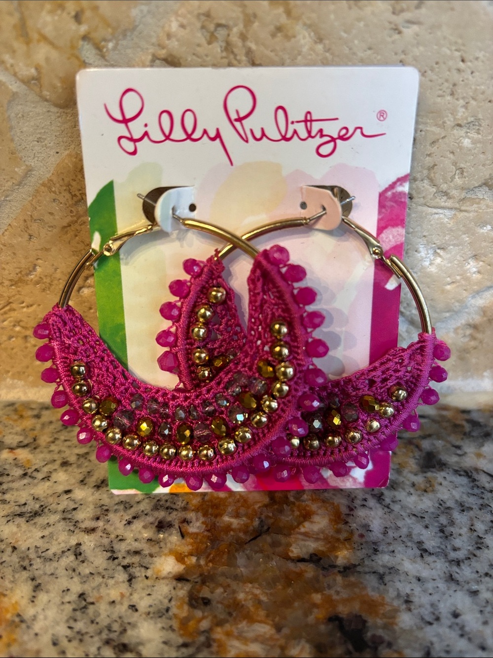 Lilly Pulitzer Bougainvillea Pink Crochet Hoop Statement Earrings w/ Gold Beads